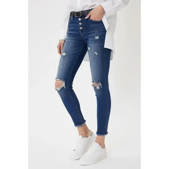 Distressed MidRise Button Fly Ankle Skny Jeans - Picture 3 of 8